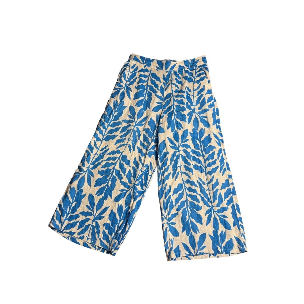 Rachel Zoe Blue and Cream Wide Leg Linen Pants - Size L - Picture 2 of 5